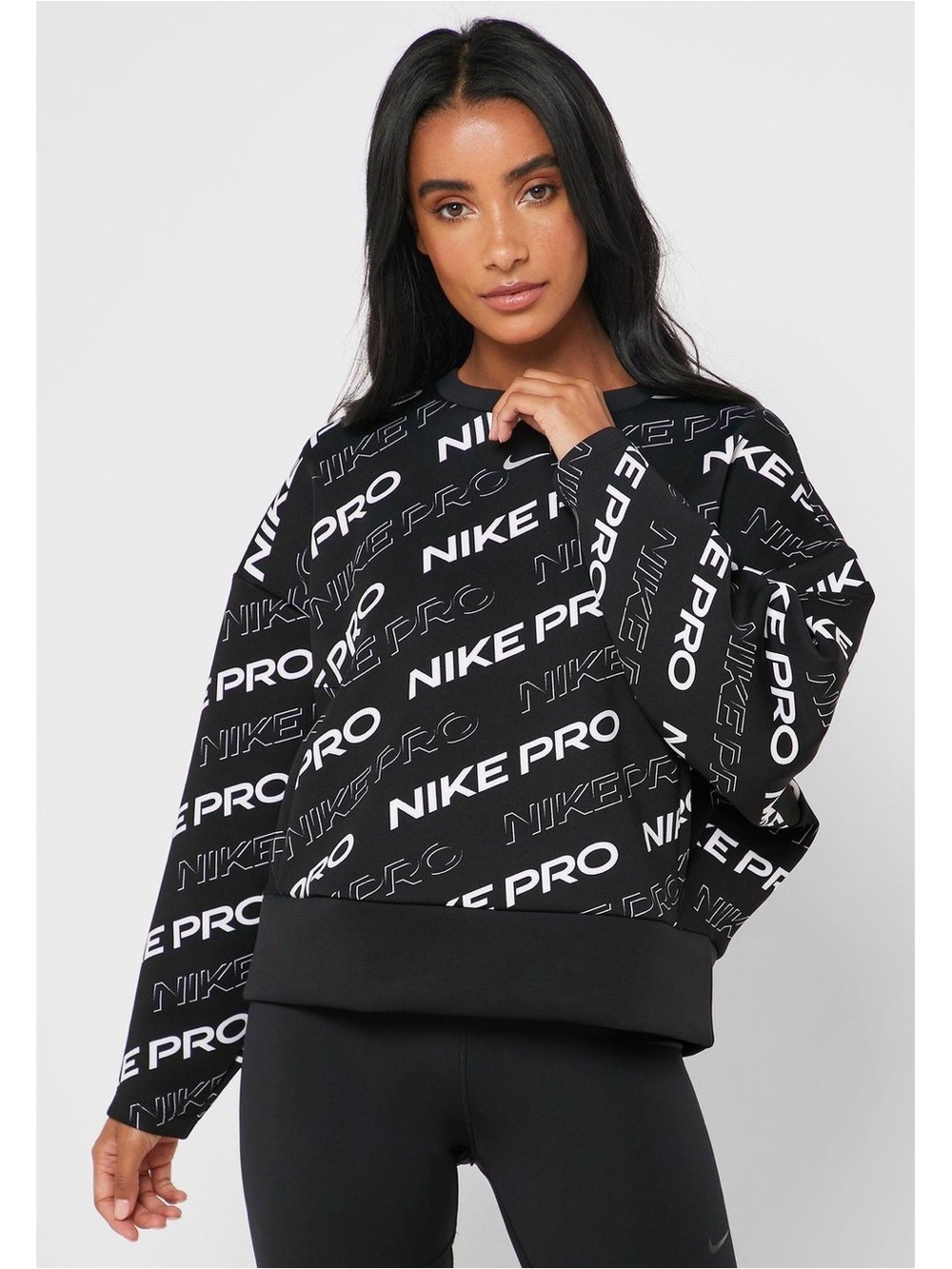 Nike Women’s Pro Fleece Black Logo Crewneck Sweatshirt